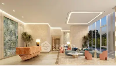 Luxurious modern living room with elegant decor and large windows offering scenic views.