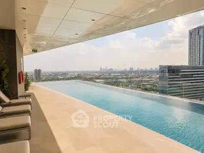 Luxurious rooftop infinity pool with stunning city skyline view, perfect for relaxation and leisure.