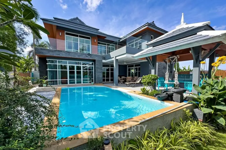 Luxurious modern villa with private pool and lush garden, perfect for serene living.
