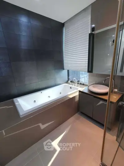 Luxurious modern bathroom with sleek bathtub and stylish fixtures