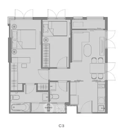 Modern apartment floor plan with two bedrooms, open living area, and two bathrooms.