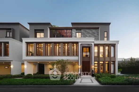 Luxurious modern house exterior with elegant design and lush landscaping, perfect for upscale living.