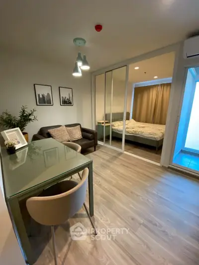 Modern studio apartment with stylish decor and cozy living area