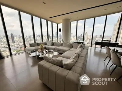 Luxurious high-rise living room with panoramic city views and modern furnishings.