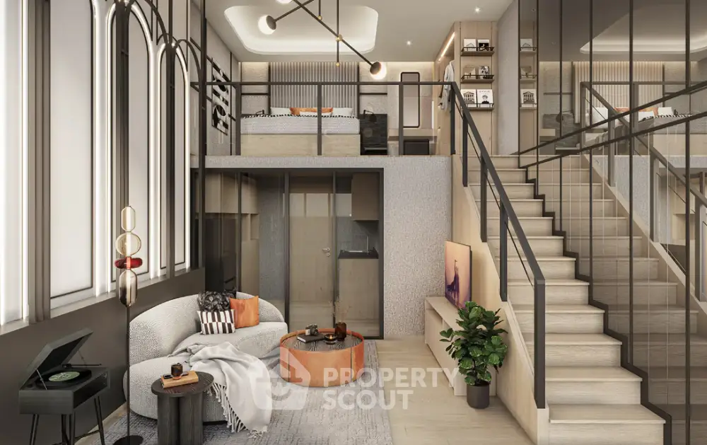 Luxurious modern loft with stylish mezzanine bedroom and elegant living area