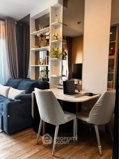 Modern living room with stylish decor and cozy seating area