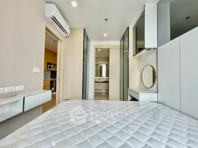 Modern bedroom with sleek design and built-in storage in a contemporary apartment.