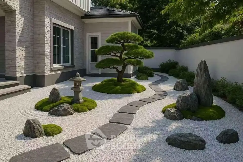 Elegant Japanese Zen garden with stone path and manicured trees at modern home exterior.