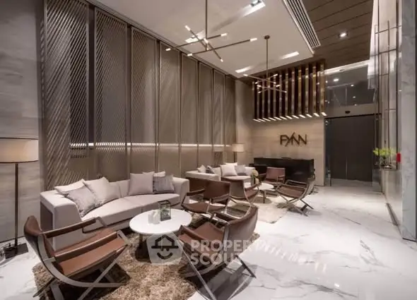 Luxurious modern living room with elegant furniture and high ceilings