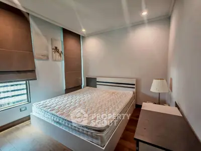 Spacious bedroom with modern decor and natural light