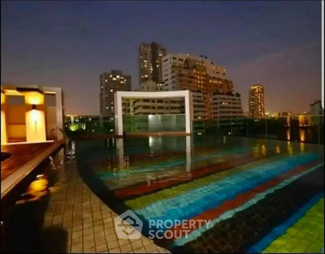 Stunning rooftop pool with city skyline views at night, perfect for luxury urban living.
