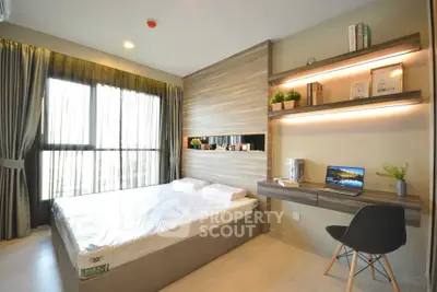 Modern bedroom with stylish wooden accents and natural light