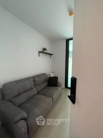 Cozy living room with modern gray sofa and minimalist decor