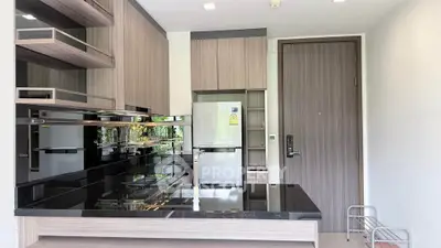 Modern kitchen with sleek black countertops and stainless steel appliances in a stylish apartment.