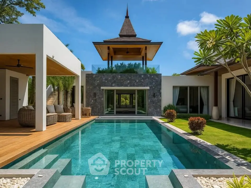 Luxurious villa with stunning pool and lush garden, featuring modern architecture and serene outdoor space.