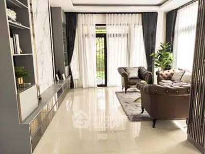 Luxurious living room with elegant furniture and large windows offering garden views.