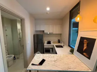 Modern compact kitchen with marble countertop and stylish decor in a cozy apartment setting.