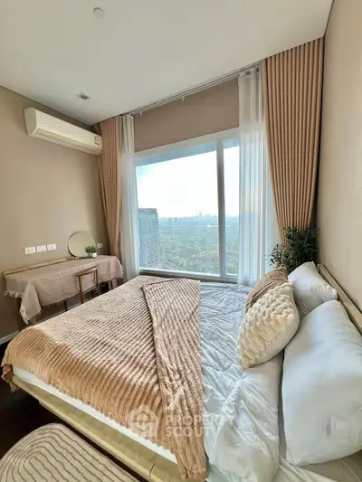 Luxurious bedroom with stunning city view and elegant decor