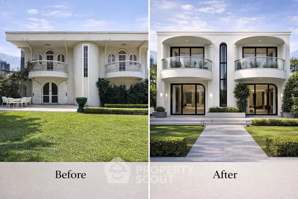 Stunning before and after transformation of a modernized luxury home exterior with lush garden.