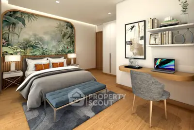 Luxurious bedroom with elegant decor and modern workspace