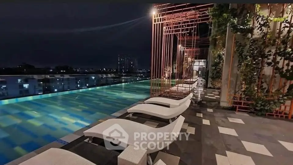 Luxurious rooftop pool with city skyline views at night, perfect for relaxation.
