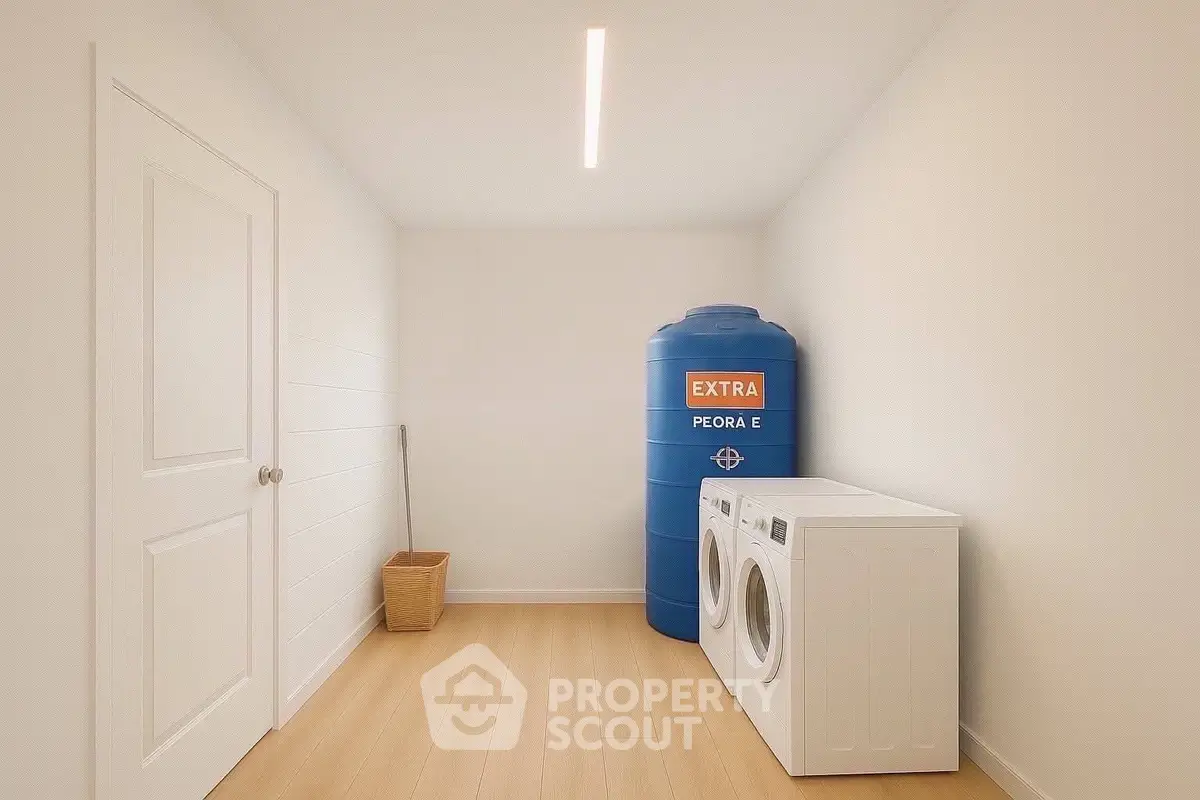 Modern laundry room with washing machine and water tank in minimalist design.