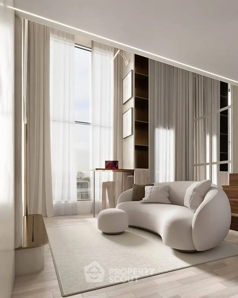 Modern living room with elegant sofa and floor-to-ceiling windows