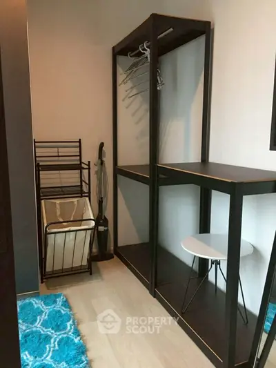 Modern storage room with sleek shelving and vibrant blue rug