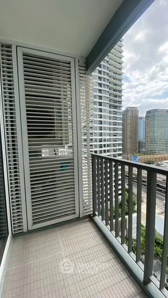 Modern balcony with city view in high-rise building