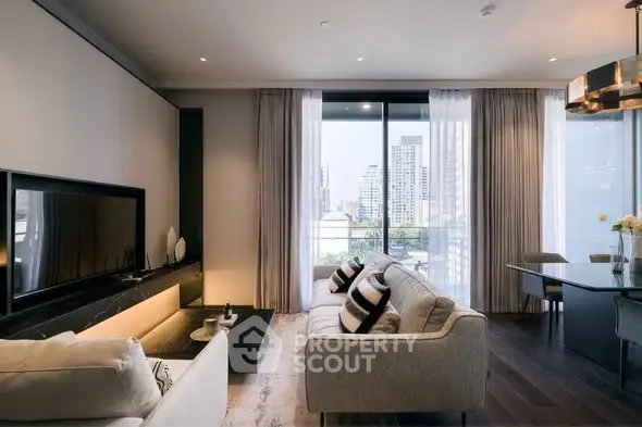 Luxurious modern living room with city view, elegant decor, and ample natural light.