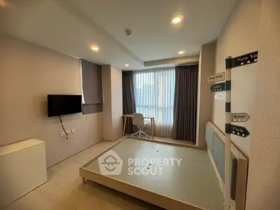 Modern bedroom with minimalist design and city-themed decor