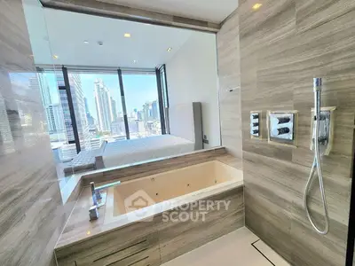 Luxurious bathroom with city view and modern bathtub in high-rise apartment