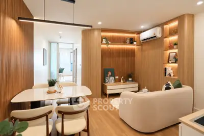 Modern living room with stylish furniture and wooden accents