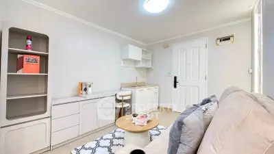 Charming living room with modern decor and cozy seating in a stylish apartment.