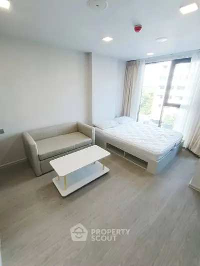 Modern studio apartment with cozy bed and sofa, featuring large window for natural light.