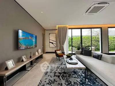 Luxurious modern living room with large windows and stylish decor, perfect for relaxation and entertainment.
