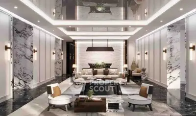 Luxurious modern living room with marble accents and elegant lighting