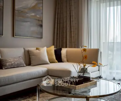 Elegant living room with modern decor and large windows for natural light.