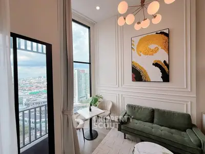 Luxurious living room with stunning city view, elegant decor, and modern furniture in high-rise apartment.