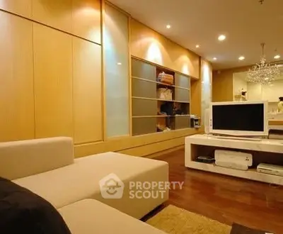 Modern living room with sleek design and built-in storage