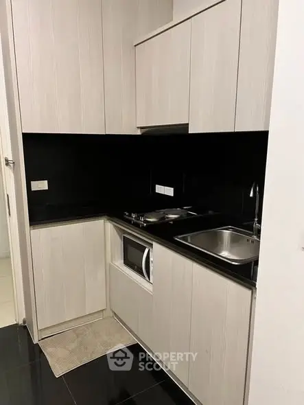 Modern compact kitchen with sleek cabinetry and black countertops