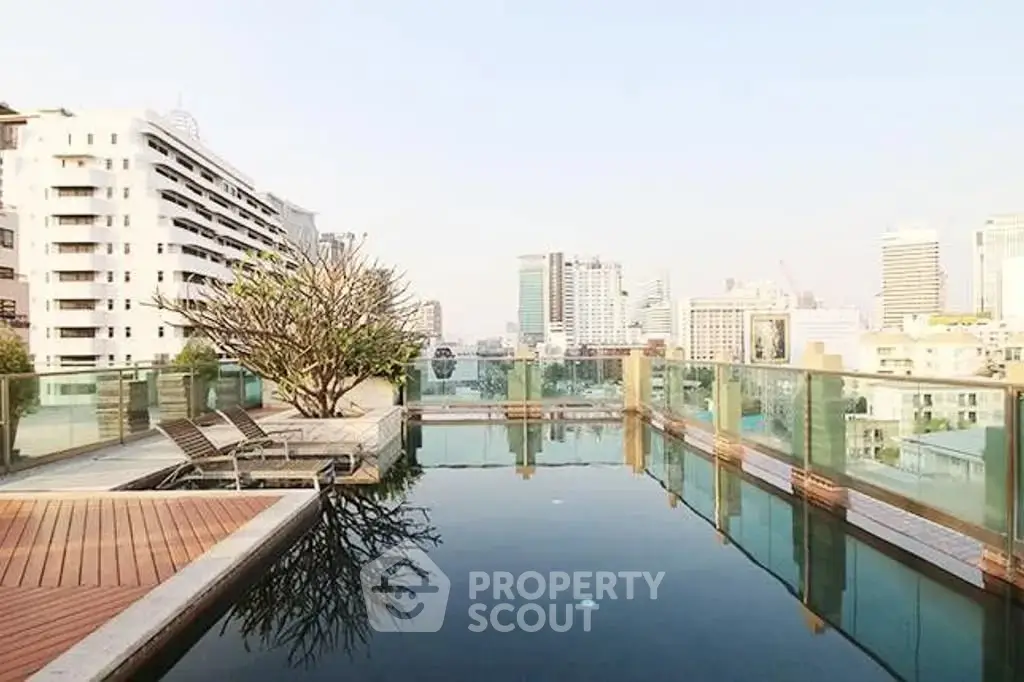 Luxurious rooftop pool with stunning city skyline views in modern urban setting.