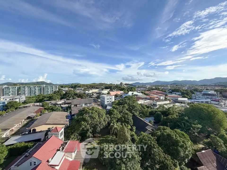 Stunning aerial view of a vibrant neighborhood with lush greenery and distant mountains.