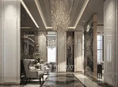 Luxurious modern living room with elegant chandelier and marble flooring
