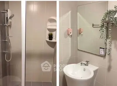 Modern bathroom with shower and sleek sink, featuring minimalist design and greenery accent.