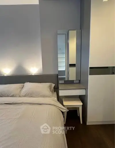 Modern bedroom with sleek design and stylish furniture, featuring a cozy bed and elegant lighting.