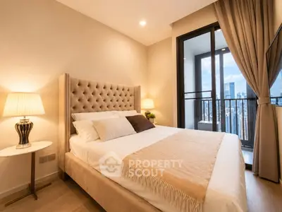 Luxurious bedroom with city view and elegant decor in modern apartment