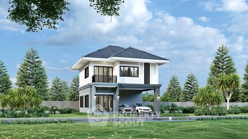 Modern two-story house with sleek design and lush green surroundings