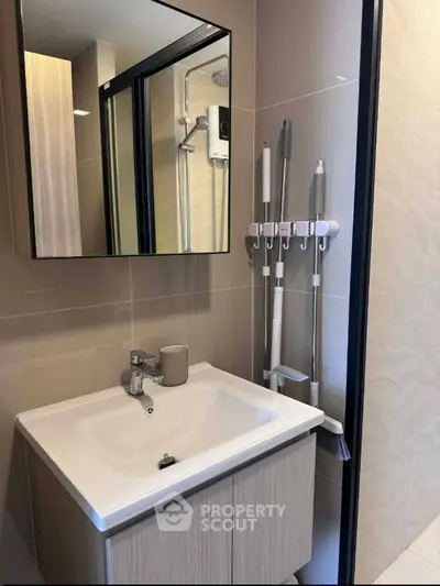 Modern bathroom with sleek vanity and mirror, featuring convenient cleaning tools storage.