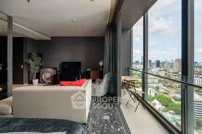 Luxurious living room with panoramic city view and modern decor